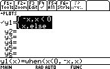Calculator screen with Y1 defined as a piecewise function using when(x<0, x², …)